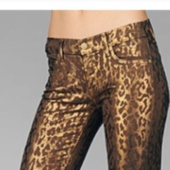 7 For All Mankind Metallic Gold & Brown Animal Leopard Print Skinny Jeans 31/12 - Picture 3 of 11